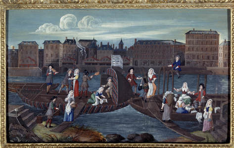 View of a fish boat and whitewashing boats on the Quai de la Megisserie in Paris, 1670 (oil on canvas)