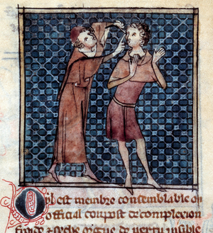 Anatomical figure: doctor examining the eye of a patient. Miniature from the manuscript "Surgery", 14th century (miniature)