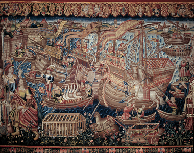 The Portuguese navigator Vasco de Gama (1459-1524) arrived in Calicut in India in 1498, detail, tapestry, 1498 (tapestry)