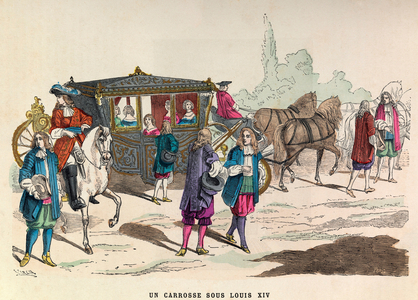 A coach, reign of the king Louis XIV in the 17th century (engraving)