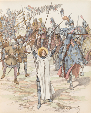 Joan of Arc (1412-1431) at the head of her army (litho)