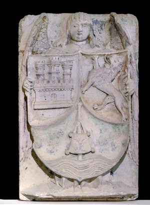 Spanish patch of the 14th century: coat of arms of Castile and Leon, 14th century (sculpture)