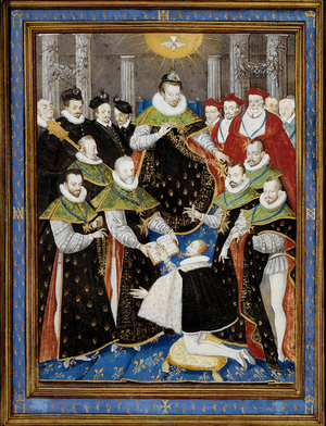 King Henry III (1551-1589) presiding over the first ceremony of the Order of the Holy Spirit in 1587 Miniature, 1587 (miniature)