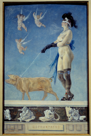 Pornokrates. A naked woman in stockings blindfolded is pulled by a pig she holds on a leash, 1878 (oil on canvas)