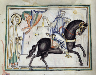 A knight on a black horse holding a scale symbolizing penury and famine, 13th century (miniature)