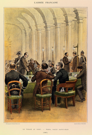 Types and Uniforms of the French Army: The draw in Paris, Salle Saint Jean in 1887 (litho)