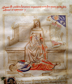 Allegorie de la Faith in "Chansonne des sept virtues et des sept arts liberaux destinee a Bruzio Visconti", 1349 (watercolour)