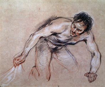 Study of a naked man kneeling pulling a drapery, 18th century (red chalk)