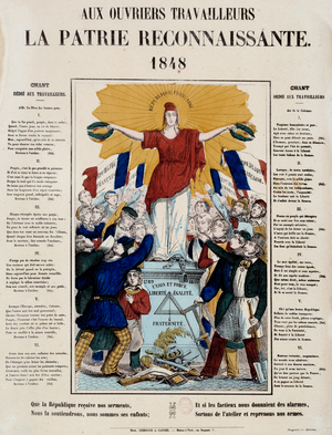 Revolution of 1848 and birth of the second republic: manifesto and song entitled 'To workers, the grateful homeland', the Republique is greeted by the workers, 1848 (engraving)