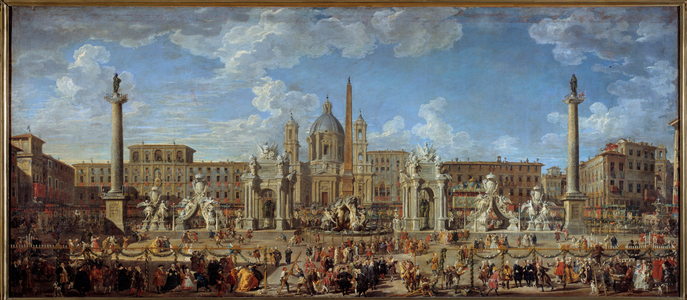 Preparations for the fireworks and decorations of the feast given on November 30, 1729 in Piazza Navona in Rome on the occasion of the birth of the Louis de France dolphin, 1729 (oil on canvas)