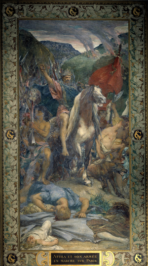 Attila (395-453) king of the Huns and his army of Barbarians walking on Paris in 450, 19th century (fresco)