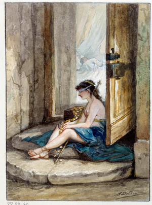 The man who runs after fortune and the man who waits for him in his bed, 19th century (watercolour)