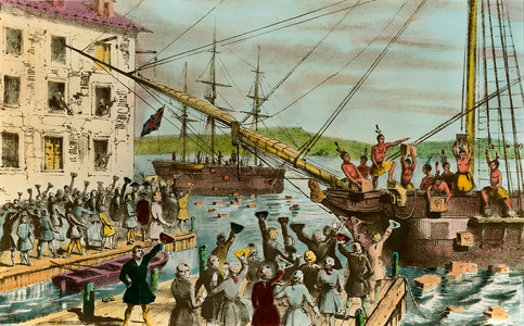 American settlers revolting against taxes in US War of Independence (Boston Tea Party), 18th century (engraving)