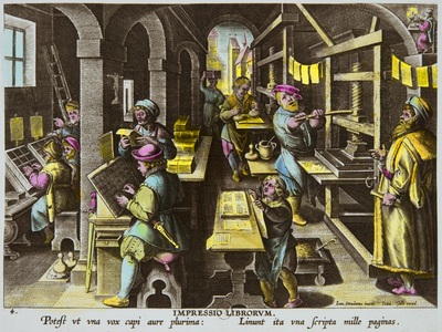 Printers and typographic printing with arm press c.1600 by Jan Van Der Straet (1523-1605), c.1600 (engraving)