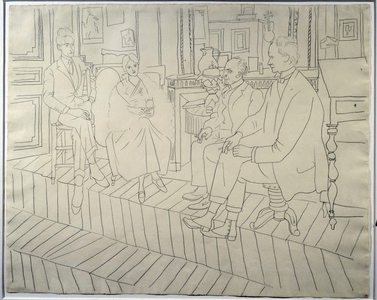 The Artist's Salon, rue de La Boetie : Jean Cocteau, Olga Kokhlova, Erik Satie, Clive Bell, 1919 (Graphite drawing)