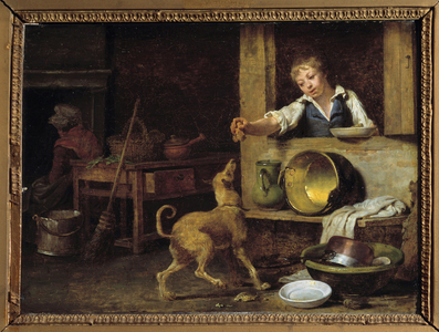 Kitchen Interior A Young Servant Gives The Dog The Leftovers, 19th century (oil on canvas)