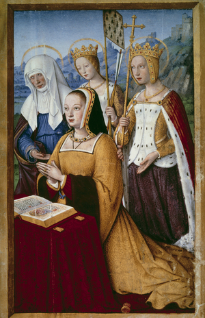 Portrait of Anne of Brittany, Queen of France, in prayer with her holy patron saint Saint Anne, Saint Helene and Saint Ursule, 1503-08 (miniature)