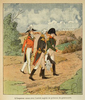 Napoleon, Gov. Mowe & Adm. Cockburn converse at St. Helene's Memorial (lithograph)