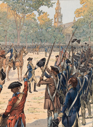Reading of the declaration of independence before the army in the presence of Georges Washington on July 9, 1776 (litho)