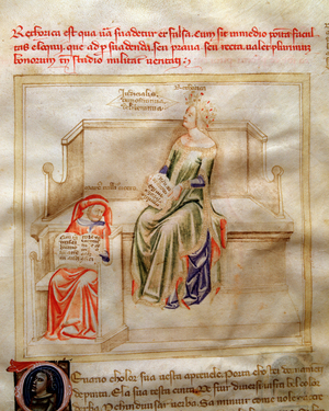 Allegorie de la Rhetorique in "Chansonne des sept Vertus et des sept Arts liberales destinee a Bruzio Visconti", 1349 (watercolour)