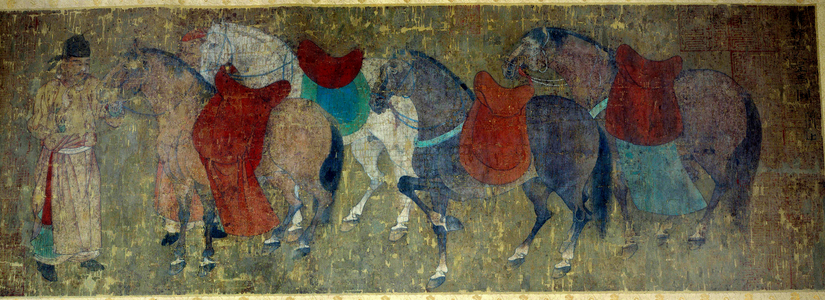 Two palefreniers driving four horses in an imperiale stable, 8th century (oil on canvas)