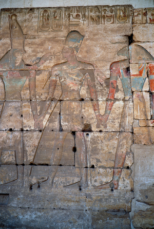 Egyptian antiquite: detail of the low reliefs of the temple of Sethi I in Abydos, 1318 BC. (bas-relief)