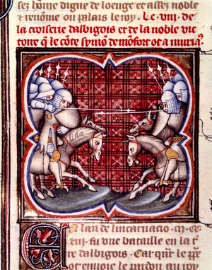 Battle of Muret: victory of Simon de Montfort (1150-1218) over the Albigeois, c.1375-1570 (miniature)