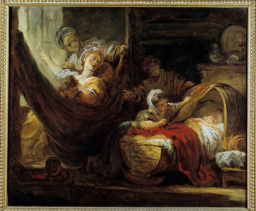 The cradle A mother on a hammock surrounded by her daughters and an infant in a basket, 18th century (oil on canvas)