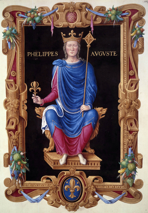 Portrait en pied du roi Philippe Auguste (1165-1223) miniature, from "Recueil des rois de France" 16th century (miniature)