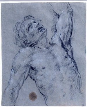 Half-figure of naked man, flips back, pretending to suffer Black Stone (drawing)