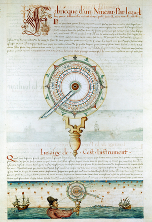 Navigation instruments: navigator using an astrolabe, from 'Les Premieres Works de Jacques Devaulx Pilot en la Marine', 1583 (miniature)