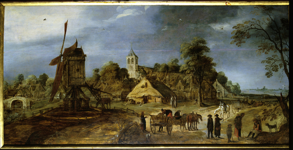 A village street Dutch countryside landscape with mill (painting)