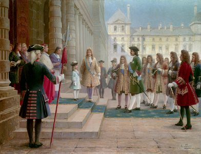 Tsar Pierre Le Grand welcomed by Louis XV child in Versailles in 1717, 19th century (oil on canvas)