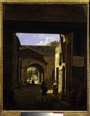 The courtyard of a driving house in the rue Saint Denis known as courtyard Sainte Catherine Scene in the 1st arrondissement of Paris, 1832 (painting)