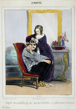 A mother puts curlers on her son. Cartoon, 19th century (engraving)