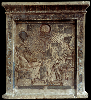 Egyptian Queen Nefertiti with Pharaoh Amenophis IV and their children, 18th dynasty (low relief)