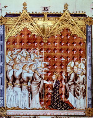anointing the king of France, in the presence of eveques and his barons, 1374 (miniature)