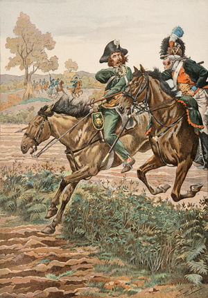 Outfit of the French troops at all times: Cavalier Vendeen and piqueur on the horse of the Germanique Legion (1793) (litho)