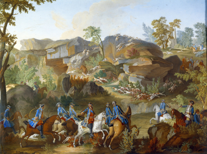 Plaque representing the hunts of Louis XVI: the deer that holds to dogs in the rocks of Frauchard in the forest of Compiegne. Painting on soft porcelain, 1781 (oil on canvas)