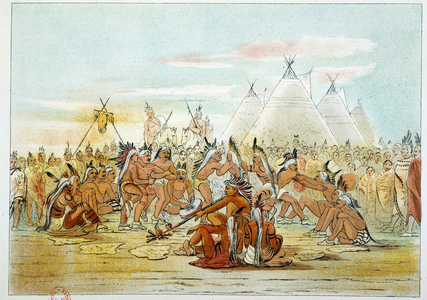 Indians of America: Assiniboin tribe resembling Sioux dancing pipe dance, 19th century (litho)