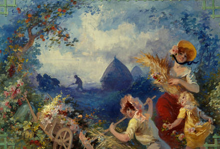 The Earth Allegory representing young women holding wheat boots against a background of harvest, 20th century (tapestry)