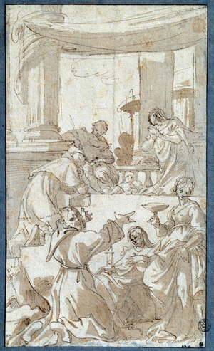 The Holy Family Adoree, Francois of Assisi (1182-1226), Claire of Assisi (1194-1253) and Lucia (ink and wash)