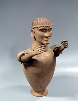 Etruscan female canopy vase in terracotta, Vulci, 550-50 BC. Lid model head, articulated arms as handles, -550-500 BC (terracotta)