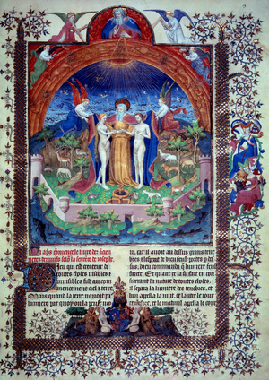 Adam and Eve in the Earth Paradise Miniature from "Jewish Antiquities or Jewish Antiquities", 15th century (miniature)