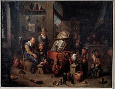 An apothecary The pharmacist in his laboratory helps his apprentices and surrounds his instruments, flask, map, still, 16th century (oil on canvas)