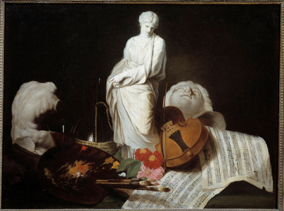 The attributes of the Arts Palette of painter, violin, scores, sculpture, 18th century (oil on canvas)