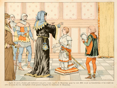 Illustration from the book "Joan of Arc", After the king's coronation, Jeanne meets her father, receives his blessing (litho)