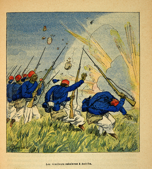 The war in Madagascar - The Sakalave Tirailleurs during the Fighting in Andriba in 1895, 1885-1895 (engraving)