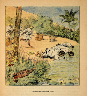 The War in Madagascar - A stop by the river in 1895 (engraving)
