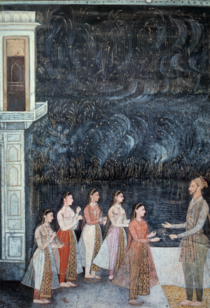 Night party scene at the court of the Shah Jahan representing the prince and courtesans, 18th century (miniature)